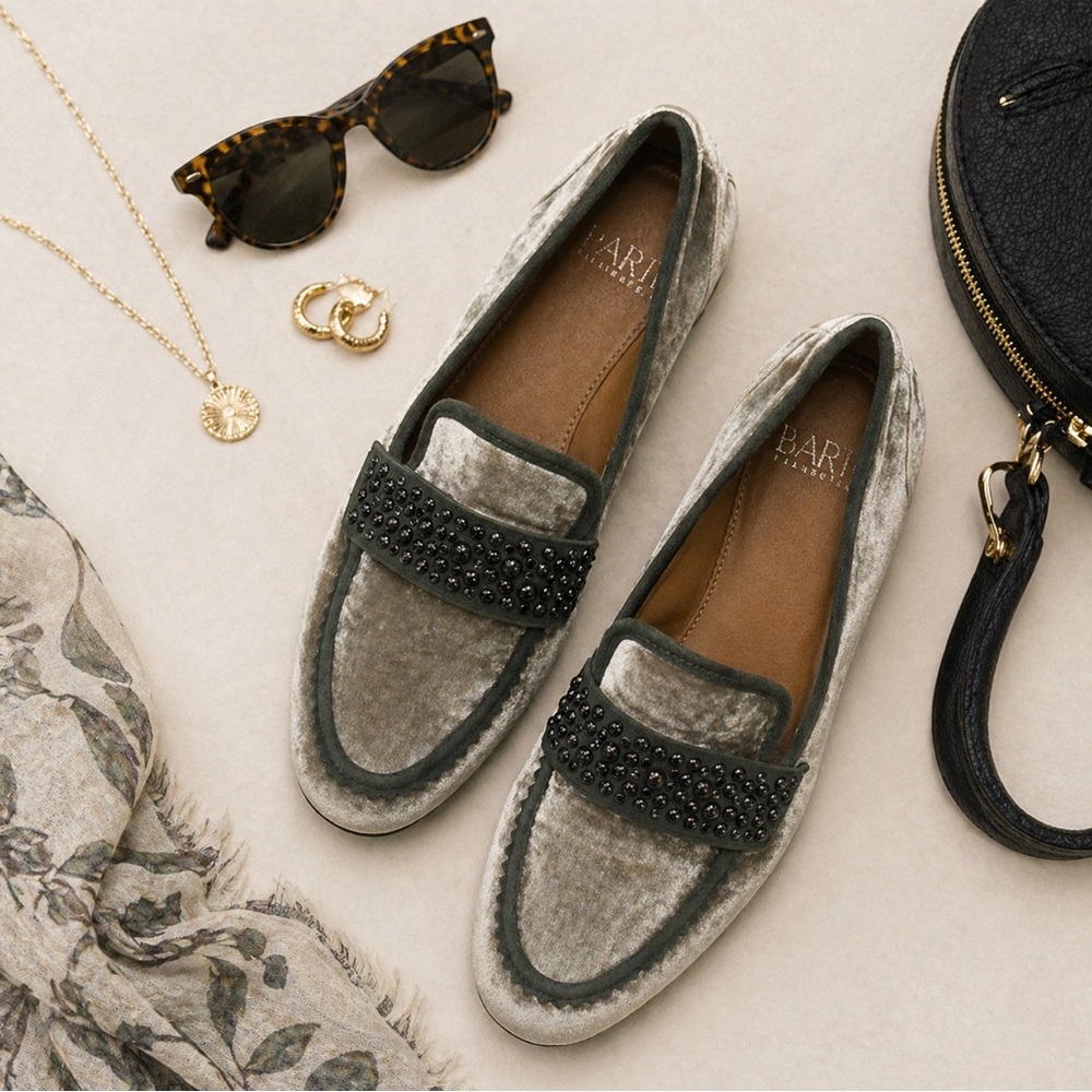 Franco Sarto Grey Velvet Studded Loafers